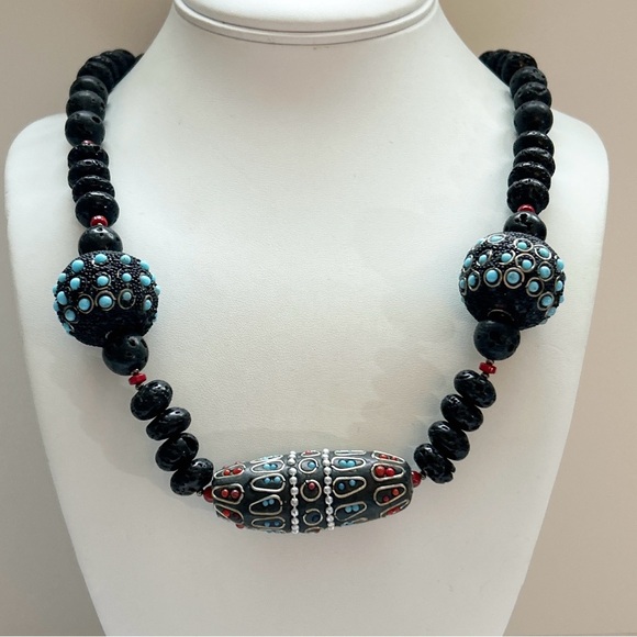 Statement Black Lava Bead Turquoise Coral Necklace - Picture 12 of 13